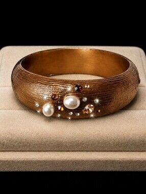 Matte Lucite Rhinestone Bangle Bracelet Unsigned Topaz Honey Faux Pearls